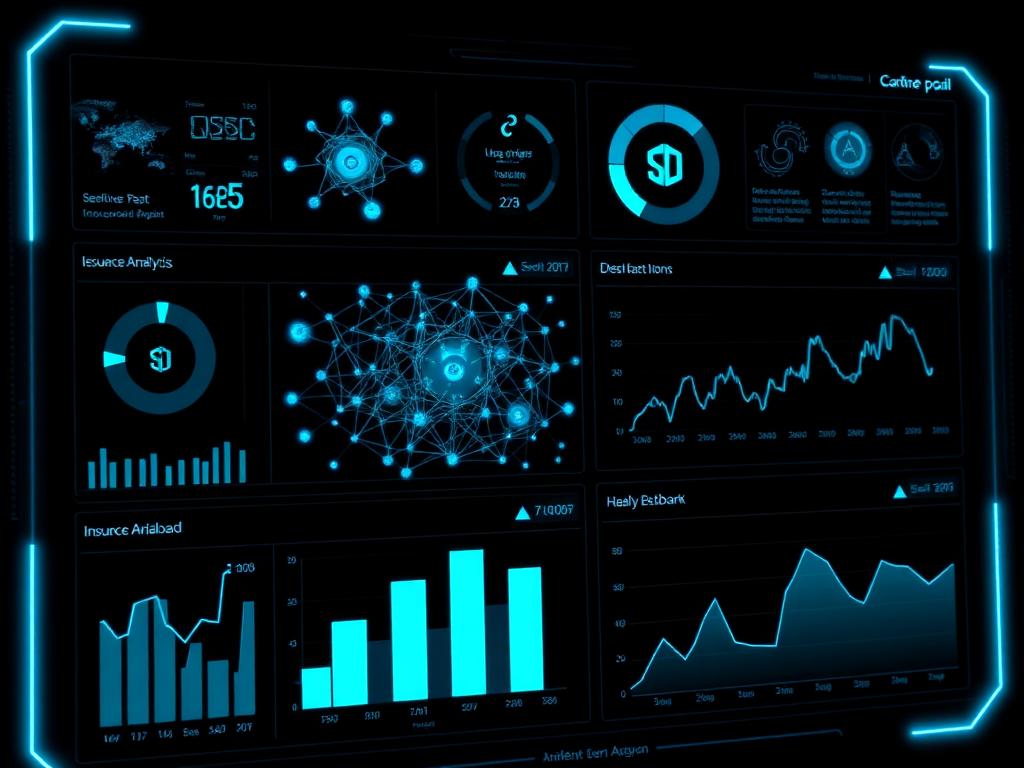 Futuristic insurance analytics dashboard with neural network visualizations